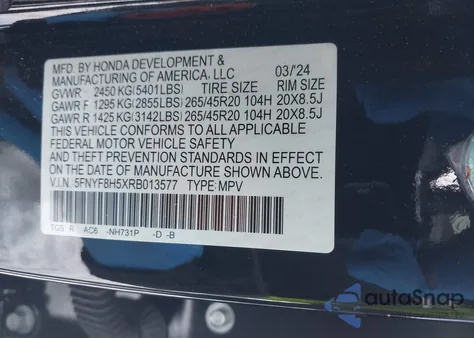 2024 Honda Passport Awd Ex-L from USA, damaged, VIN 5FNYF8H5XRB013577